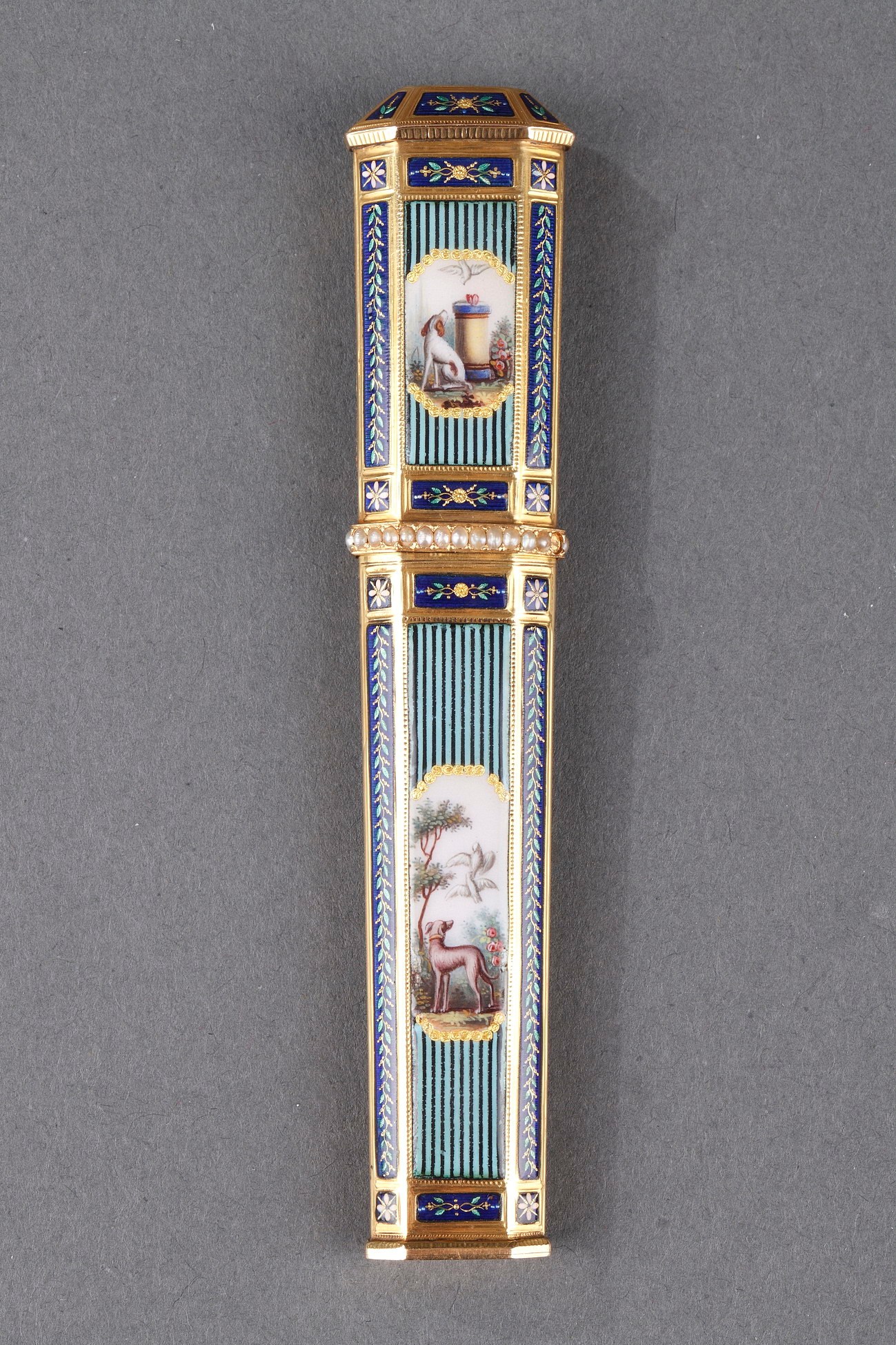 LATE 18TH CENTURY GOLD AND ENAMEL NEEDLE CASE SWISS CRAFTSMANSHIP